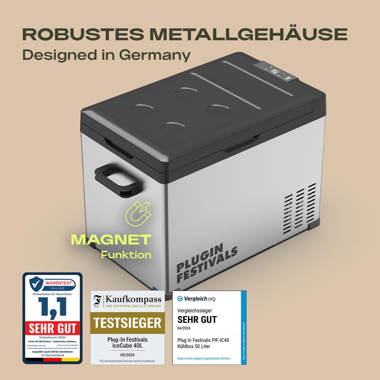 PLUG IN FESTIVALS Kompressor Kühlbox 40 L – Elektrische Gefrierbox bis -20 °C, 12 V/230 V, tragbarer Camping-Kühlschrank & Auto-Kühlbox