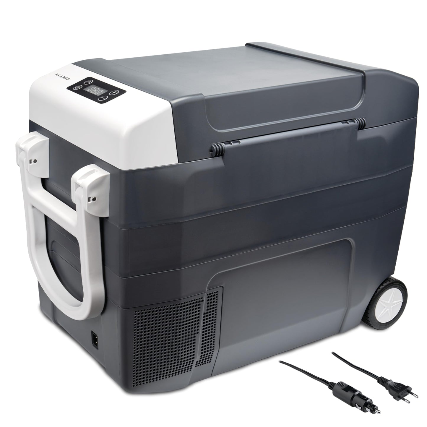 KLAMER Kompressor Kühlbox 45 L – Elektrische Kühl- & Warmhaltebox mit 12 V/230 V, bis -18 °C, mit Rollen, XXL Auto-Kühlbox in Grau