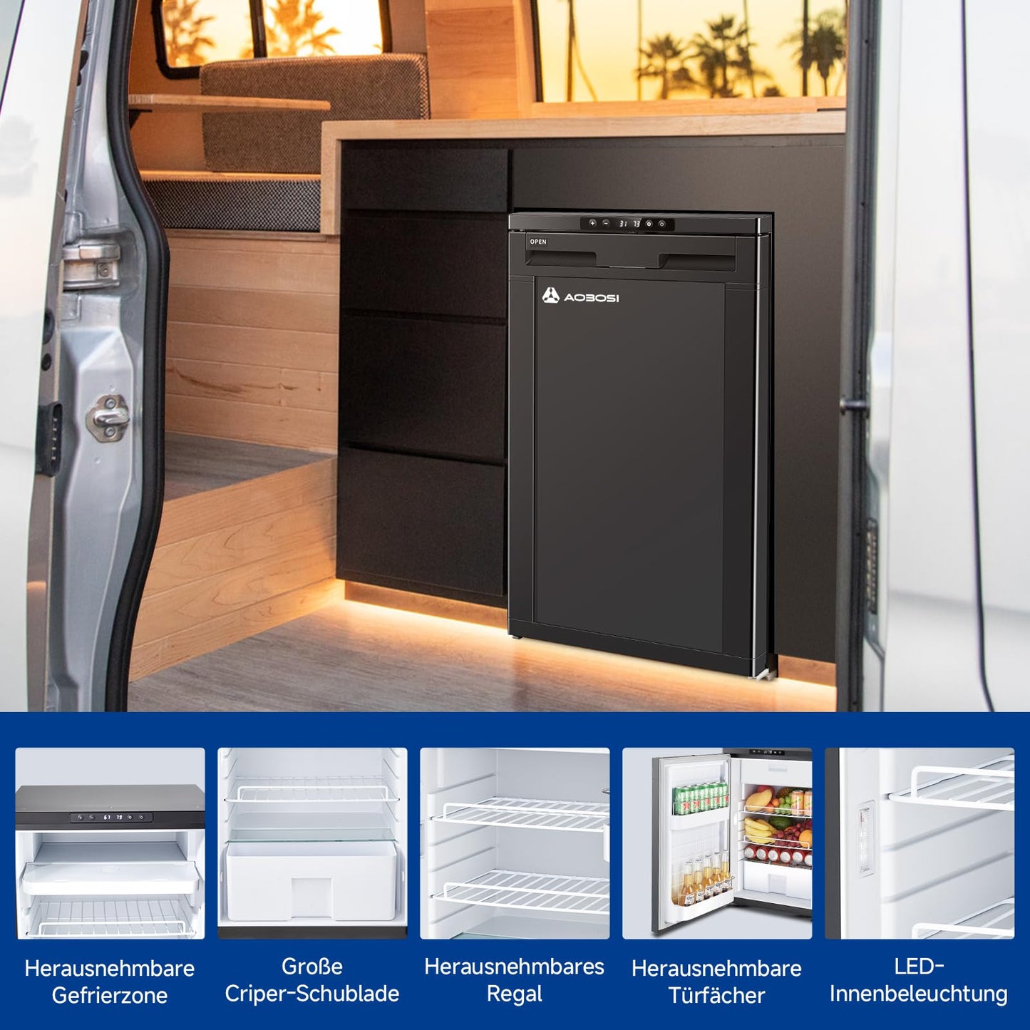 AAOBOSI Kompressor Kühlbox 83 L – Mit App-Steuerung, 12/24 V, bis -20 °C, elektrische Kühlbox mit LED für Auto, Wohnwagen, Camping & Reisen