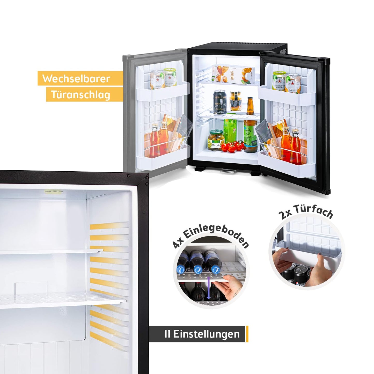 TZS First Austria Minikühlschrank 40 L – Lautlos, abschließbar, Innenbeleuchtung, wechselbarer Türanschlag, ideal für Camping, Büro & Hotel, schwarz