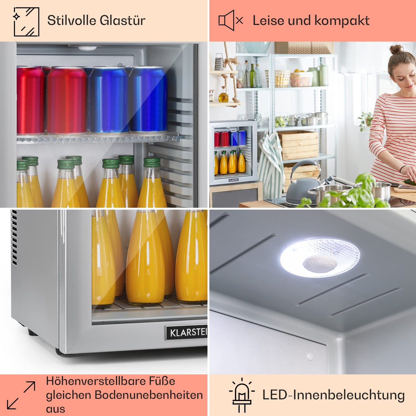 Klarstein Mini-Kühlschrank 23 L – Leiser Getränkekühlschrank mit Glastür, verstellbaren Ablagen, 12–18 °C, ideal für Snacks & Kosmetik