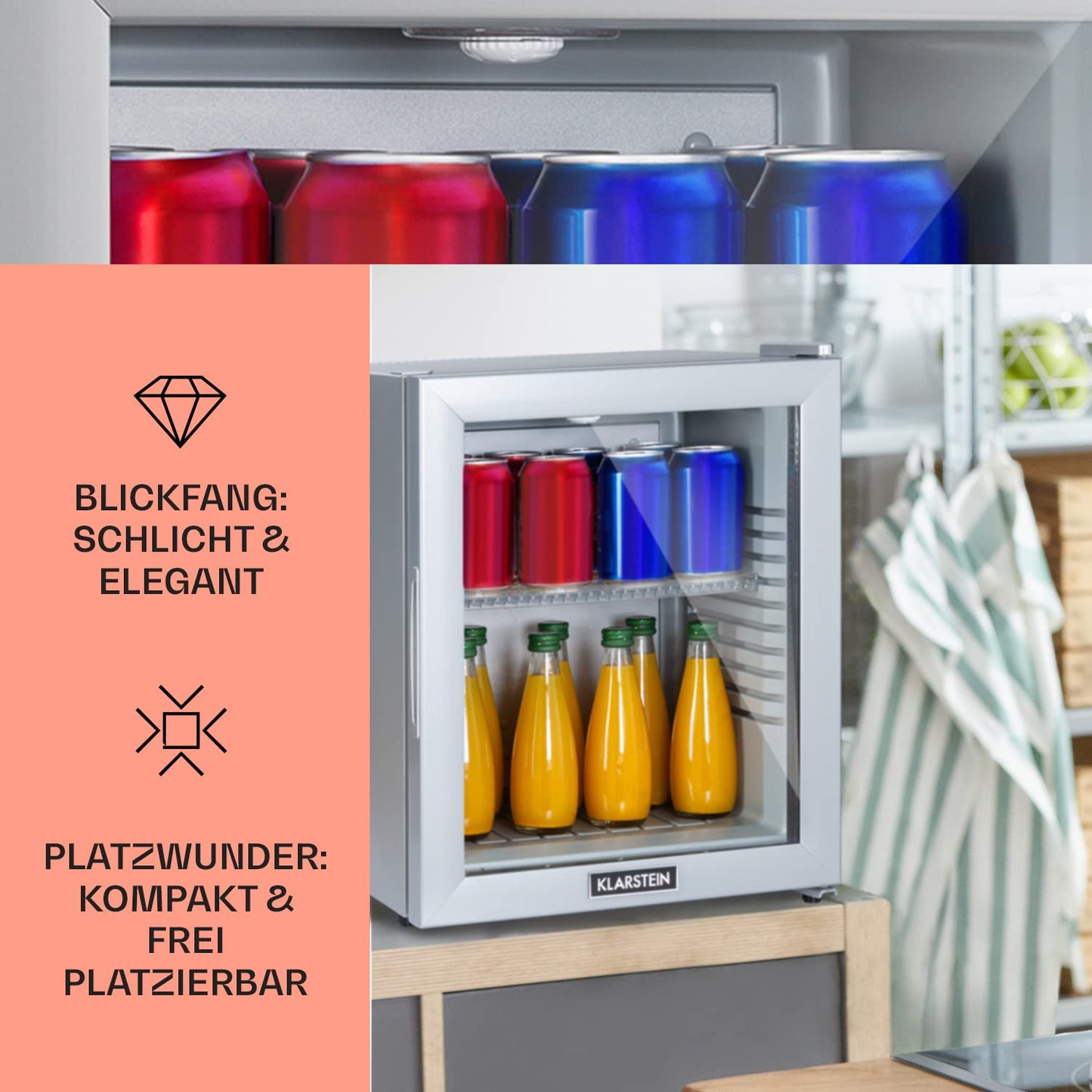 Klarstein Mini-Kühlschrank 23 L – Leiser Getränkekühlschrank mit Glastür, verstellbaren Ablagen, 12–18 °C, ideal für Snacks & Kosmetik