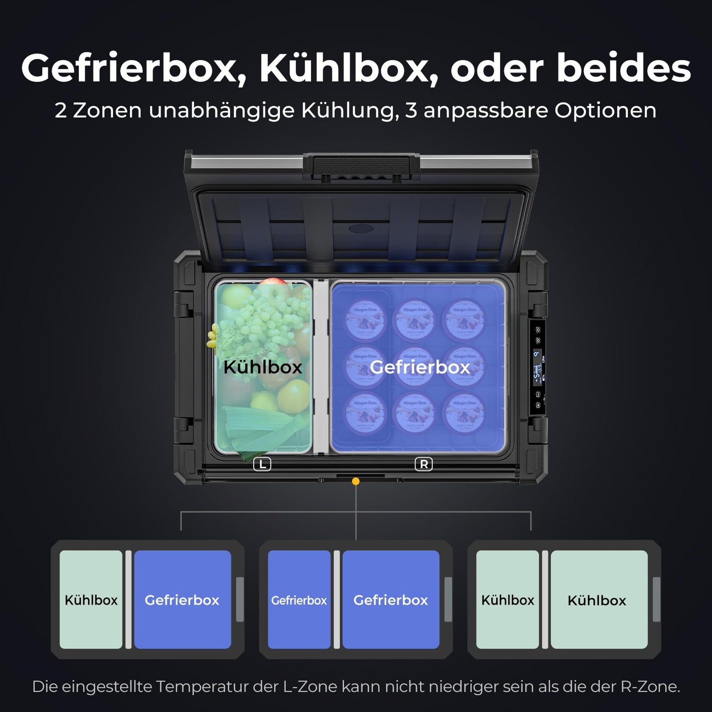 BougeRV Rocky2 Kompressor Kühlbox 39 L – Mit 173Wh Akku, Dual Zone, 12/24 V & 230 V, Solaraufladung, bis -20 °C, für Auto, Camping & Reisen