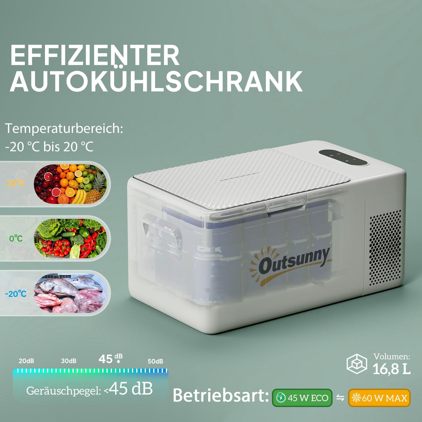 Outsunny Kompressor Kühlbox 16,8 L – Elektrisch, bis -20 °C, leise mit LED & ECO-Modus, 12/230 V Mini-Gefrierbox für Auto, Boot & Reisen, cremeweiß