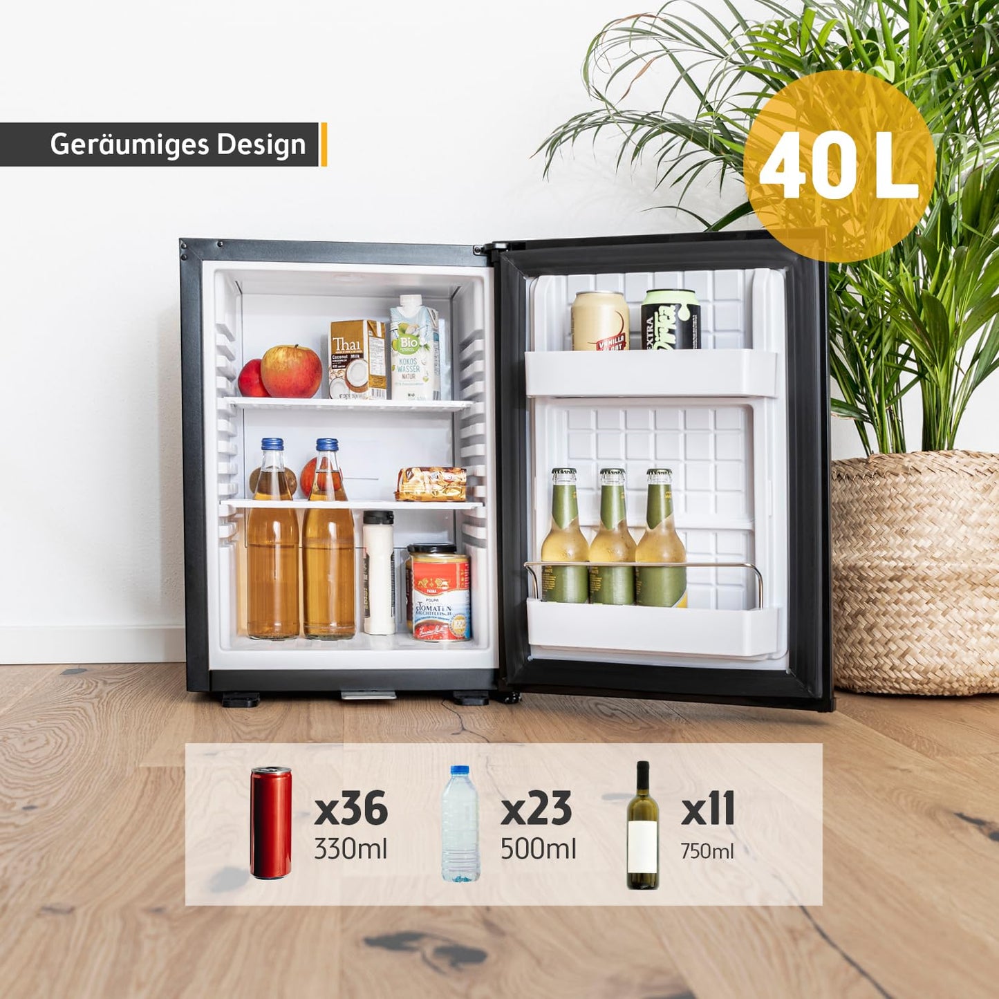 TZS First Austria Minikühlschrank 40 L – Lautlos, abschließbar, Innenbeleuchtung, wechselbarer Türanschlag, ideal für Camping, Büro & Hotel, schwarz