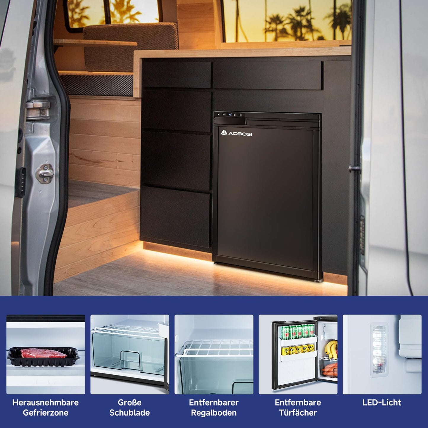 AAOBOSI Kompressor Kühlbox 65 L – Mit App-Steuerung, 12/24 V, bis -20 °C, elektrische Kühlbox mit LED für Auto, Wohnwagen, Camping & Reisen