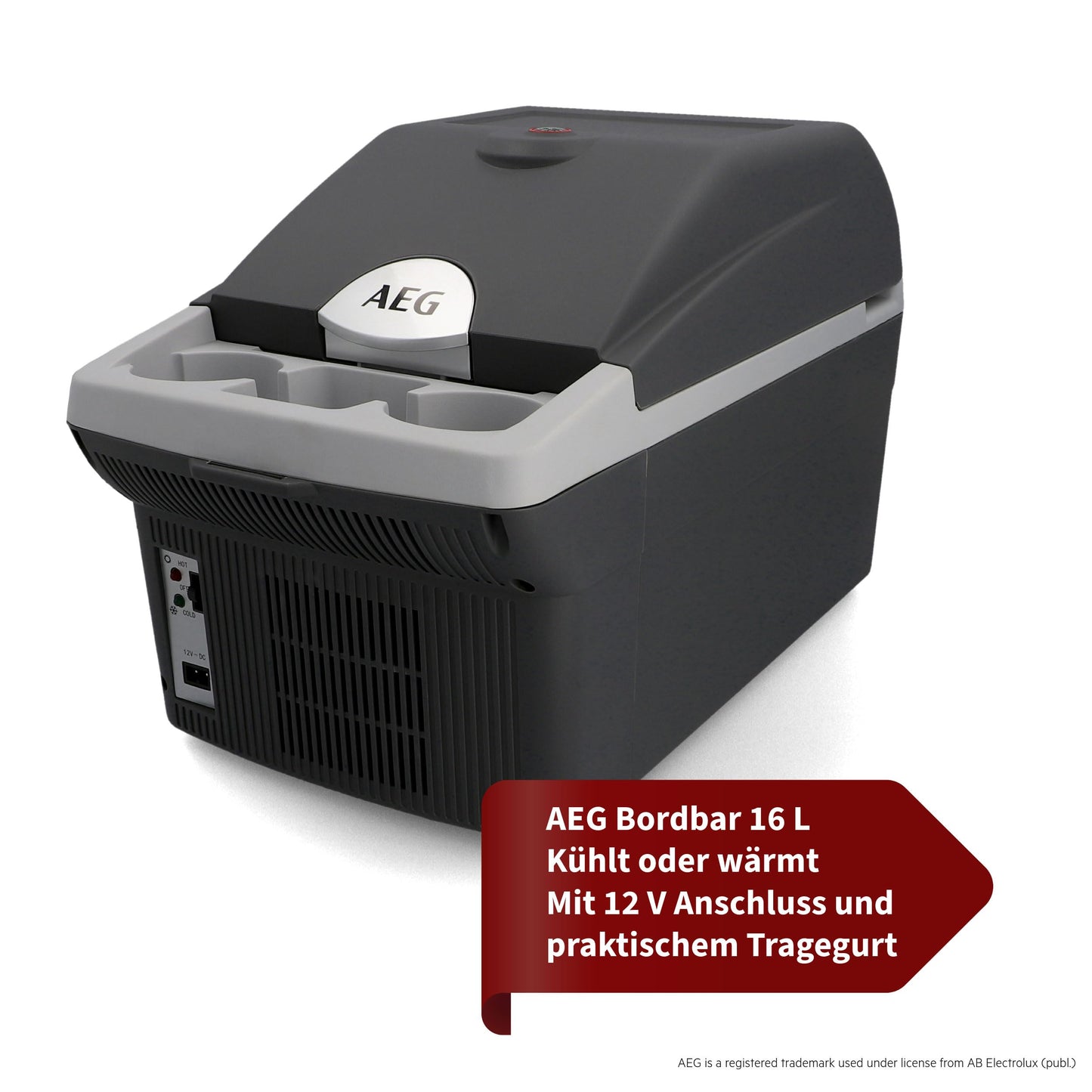 AEG Automotive Board-Bar BK 16 Thermoelektrische Kühl- und Warmhaltebox 16 Liter, 12 Volt für Auto und Steckdose, anschnallbar im PKW
