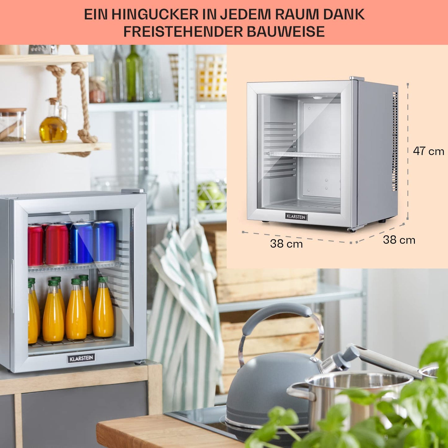 Klarstein Mini-Kühlschrank 23 L – Leiser Getränkekühlschrank mit Glastür, verstellbaren Ablagen, 12–18 °C, ideal für Snacks & Kosmetik