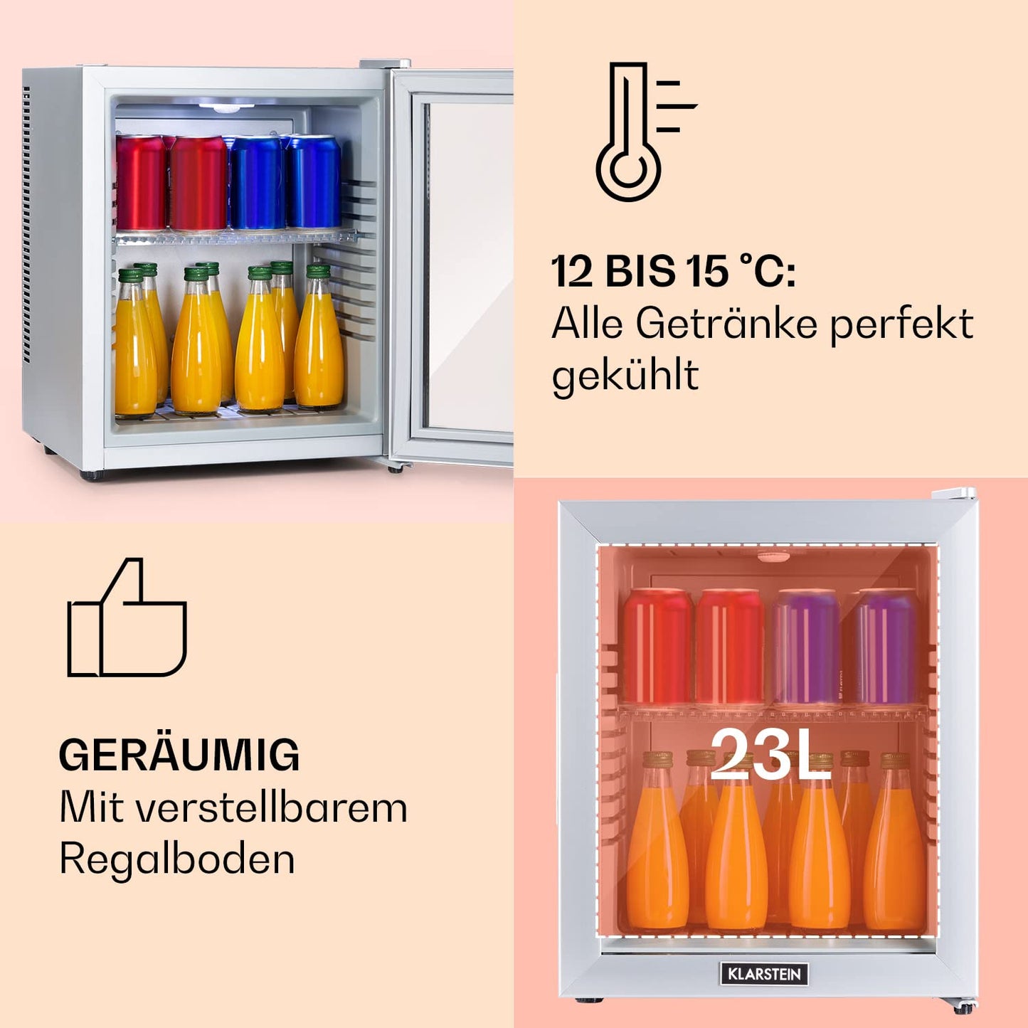 Klarstein Mini-Kühlschrank 23 L – Leiser Getränkekühlschrank mit Glastür, verstellbaren Ablagen, 12–18 °C, ideal für Snacks & Kosmetik