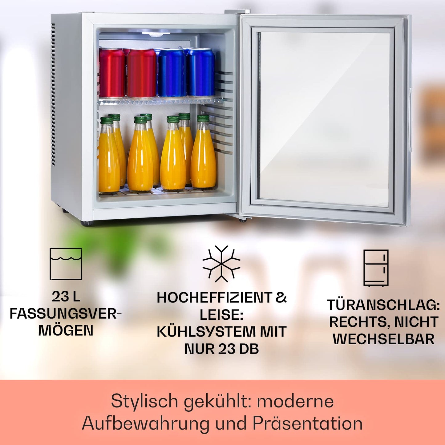 Klarstein Mini-Kühlschrank 23 L – Leiser Getränkekühlschrank mit Glastür, verstellbaren Ablagen, 12–18 °C, ideal für Snacks & Kosmetik
