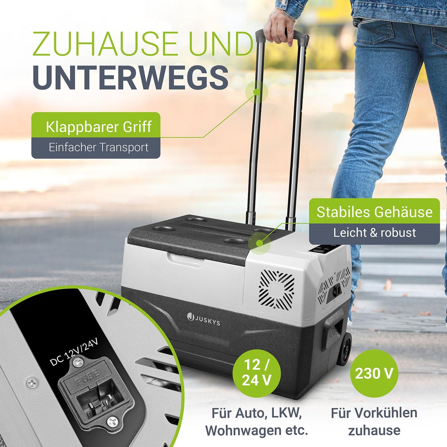Juskys Kompressor Kühlbox 30 Liter 12/24/230 V für Auto, Lkw, Reisemobil, Camping - Mini Kühlschrank kalt & warm - Kompressorkühlbox Steckdose - Grau