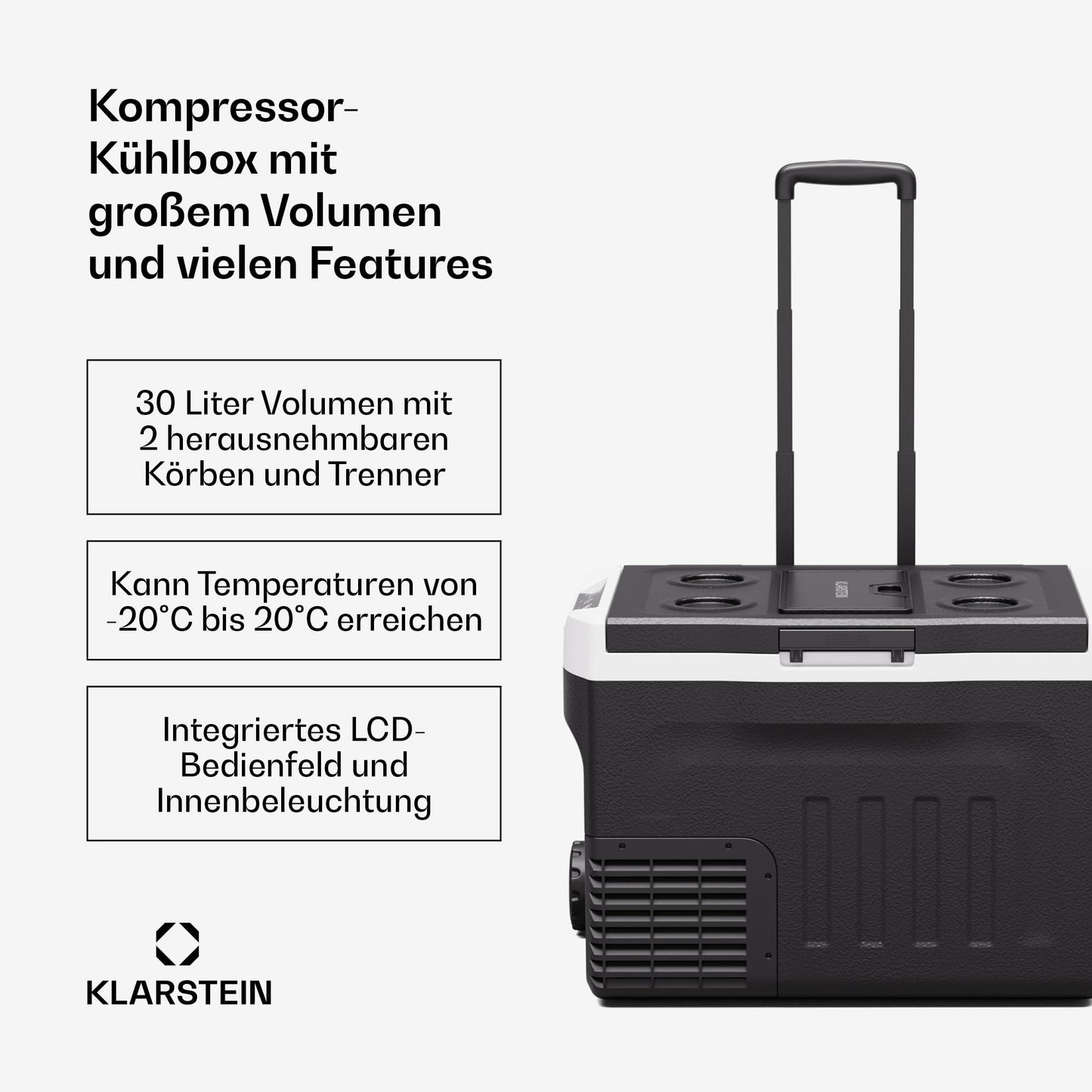 Klarstein PolarForce Kühlbox 30 L – Tragbare Kompressor-Gefrierbox mit LCD, -20 °C bis 20 °C, 12 V/230 V & ECO-Modus, ideal für Camping