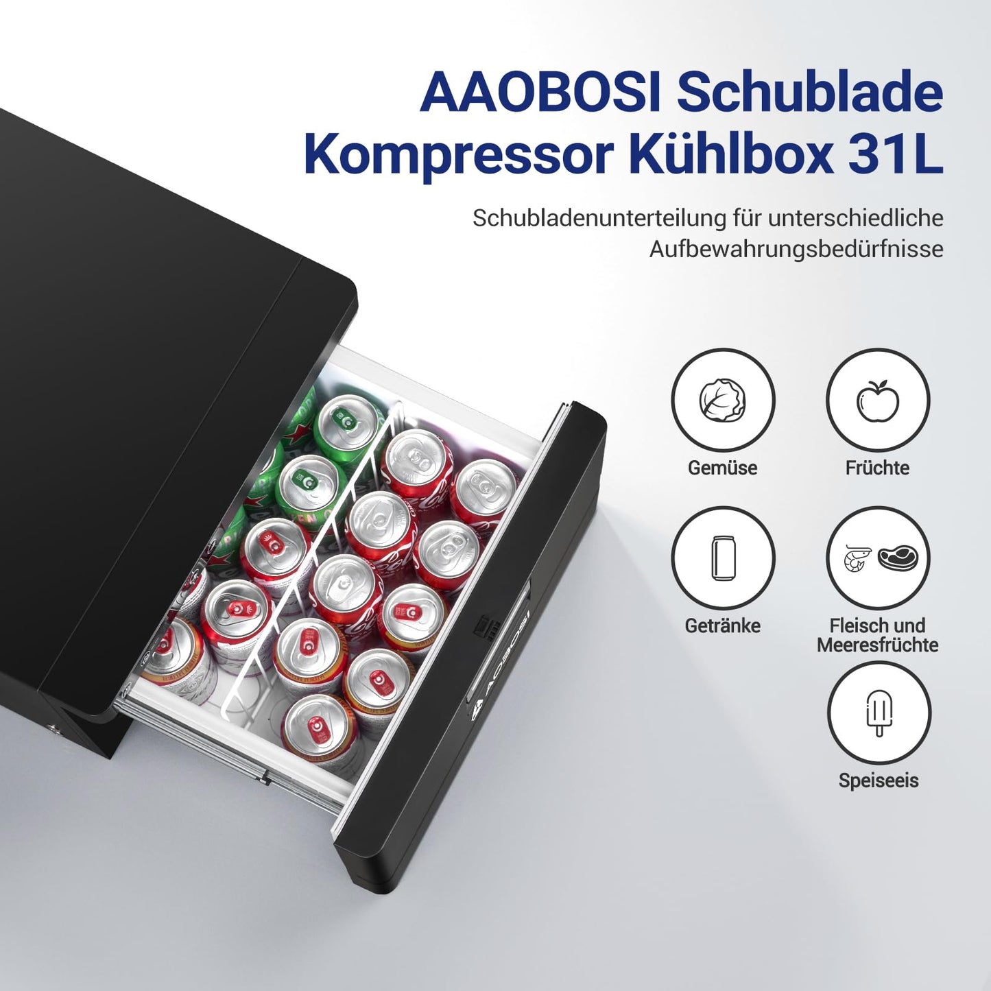 AAOBOSI Kompressor Kühlbox 31 L – Schubladen-Kühlbox mit APP-Steuerung, 12/24 V, bis -20 °C, für Auto, LKW, Boot, Camping & Steckdose