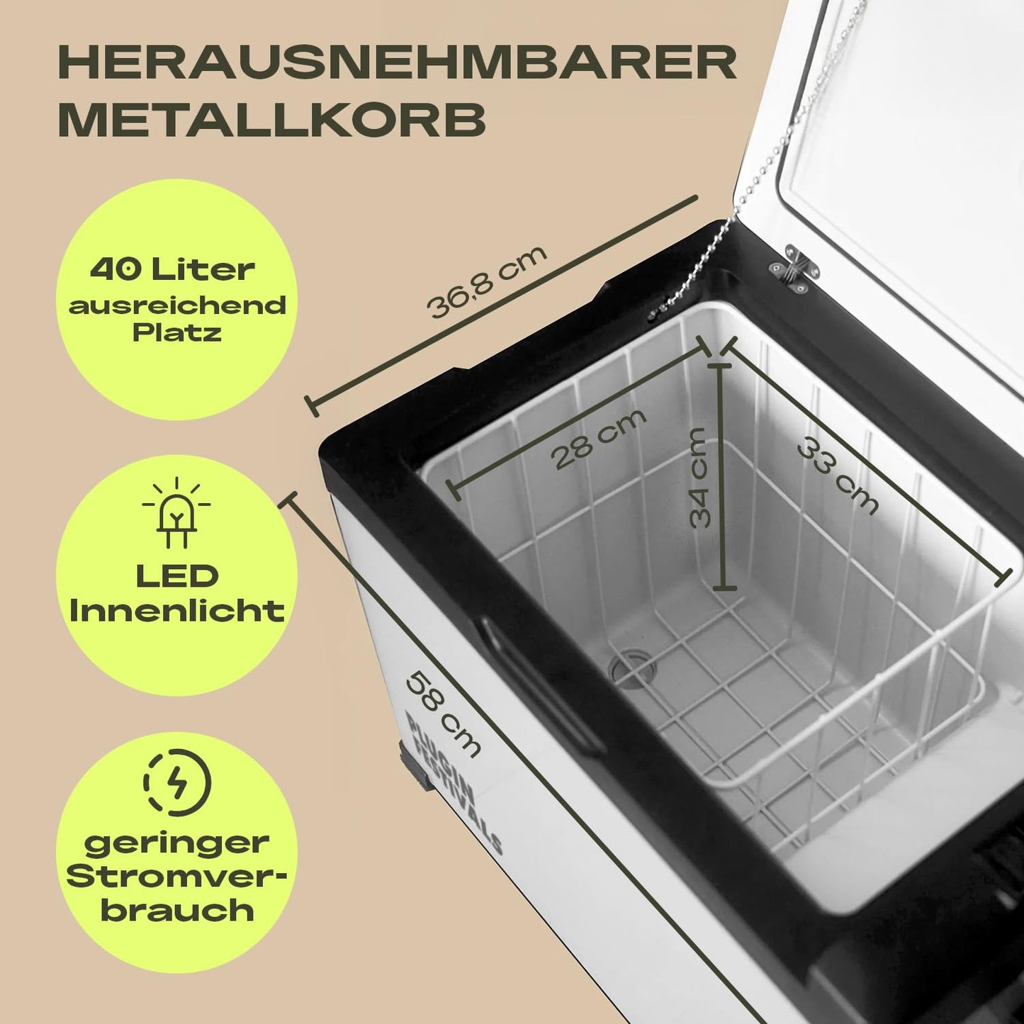 PLUG IN FESTIVALS Kompressor Kühlbox 40 L – Elektrische Gefrierbox bis -20 °C, 12 V/230 V, tragbarer Camping-Kühlschrank & Auto-Kühlbox