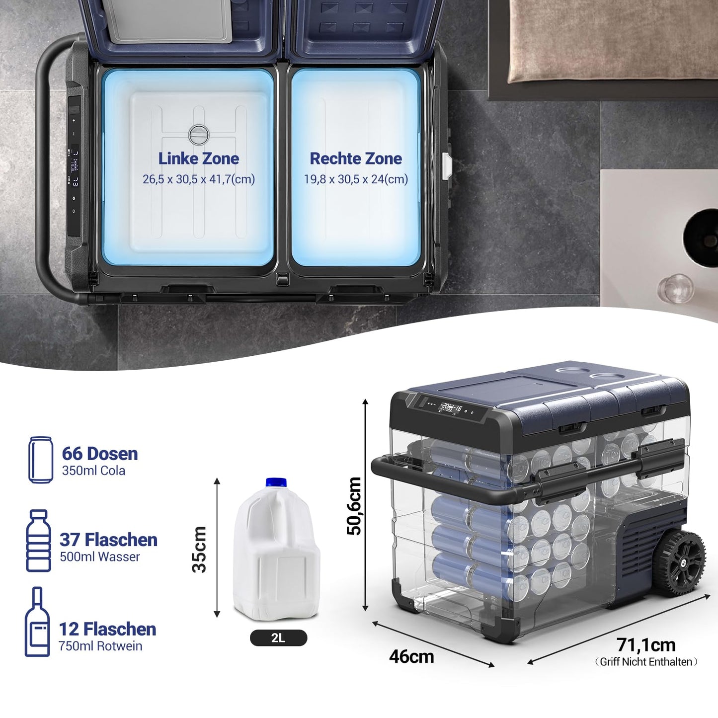 AAOBOSI Kompressor Kühlbox 45 L – Dual Zone, mit App-Steuerung, USB-Ladefunktion, LED, 12/24 V & 100–240 V, mit Rollen für Auto & Campin