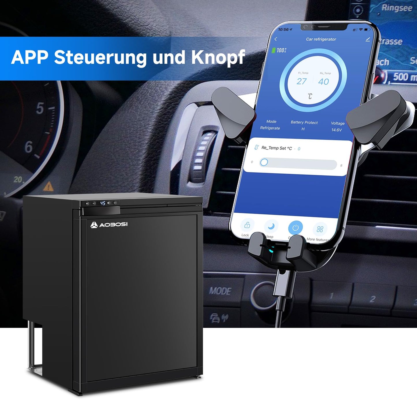 AAOBOSI Kompressor Kühlbox 65 L – Mit App-Steuerung, 12/24 V, bis -20 °C, elektrische Kühlbox mit LED für Auto, Wohnwagen, Camping & Reisen