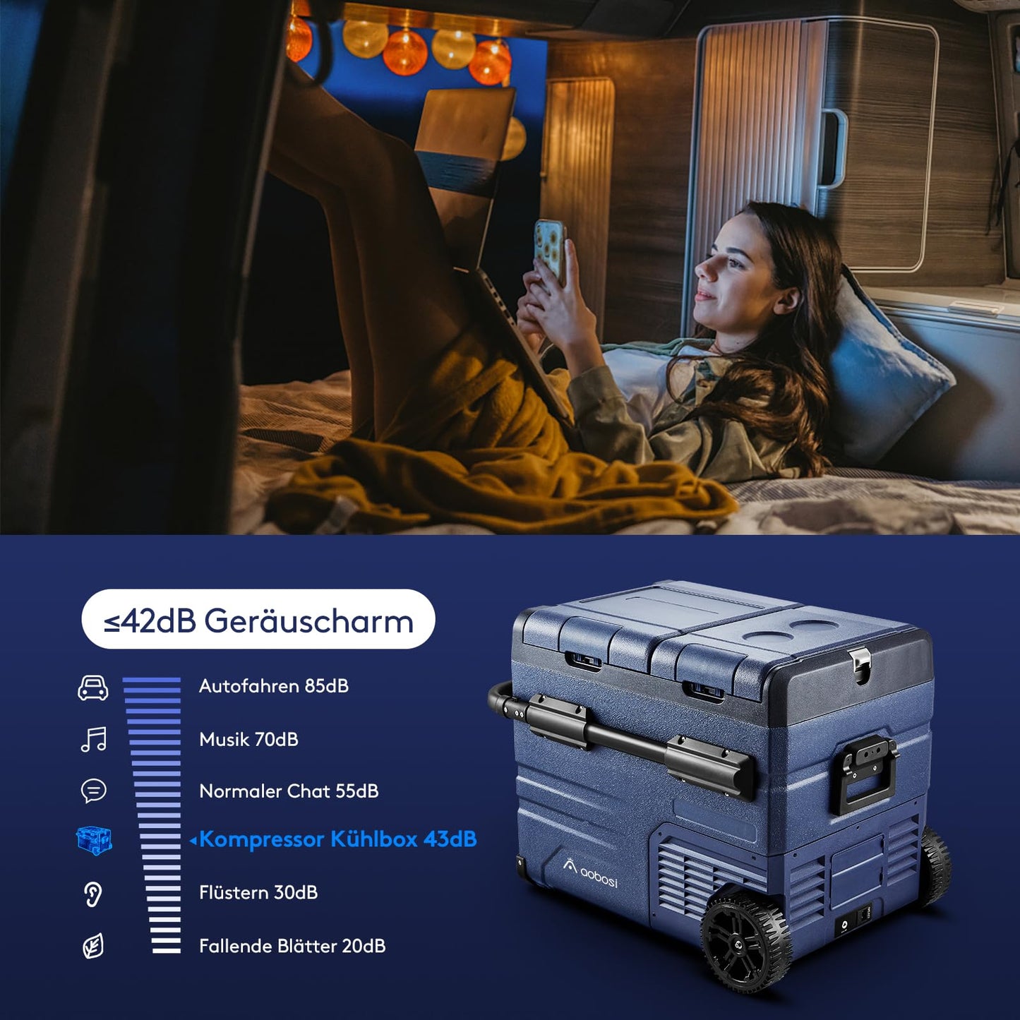 AAOBOSI Kompressor Kühlbox 45 L – Dual Zone, mit App-Steuerung, USB-Ladefunktion, LED, 12/24 V & 100–240 V, mit Rollen für Auto & Campin