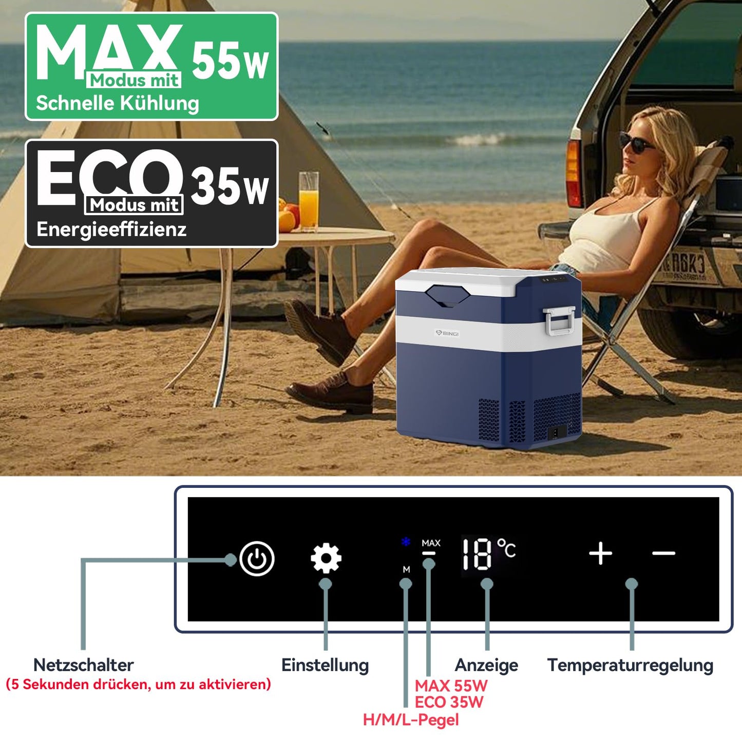 BINGI Kompressor Kühlbox 38 L – Tragbarer Auto-Kühlschrank 12/24 V & 230 V, Mini-Gefrierschrank -18 °C bis 15 °C für Auto, Camping & Zuhause