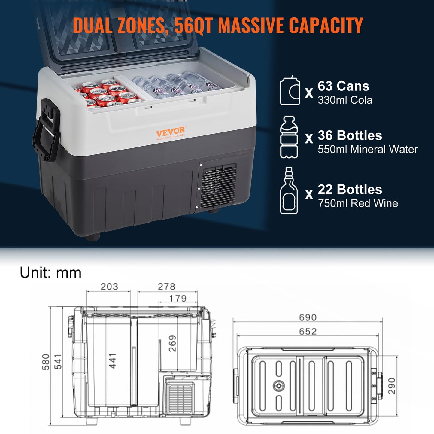 VEVOR Kompressor Kühlbox 55 L – Tragbar mit Griff & Rollen, Dual-Zone, -20 °C bis 10 °C, 12/24 V & 230 V, für Auto, LKW, Boot & Camping