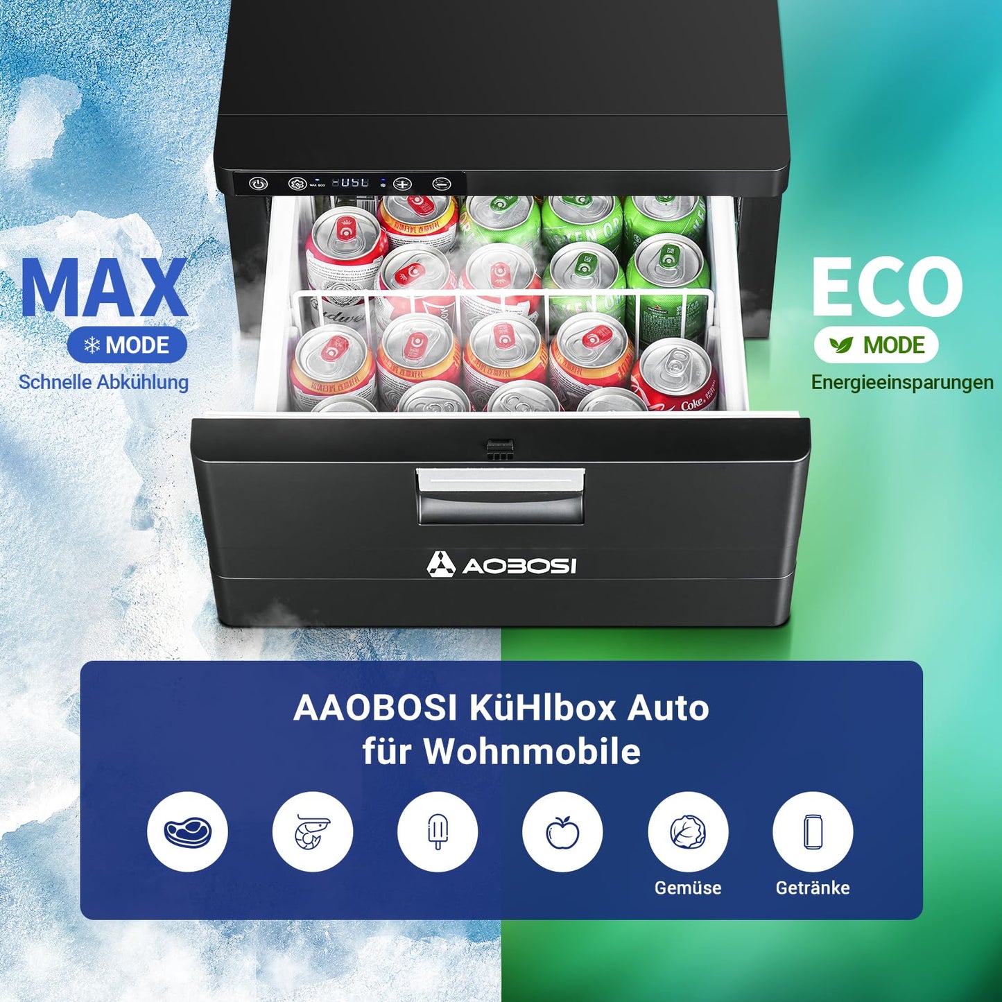 AAOBOSI Kompressor Kühlbox 31 L – Schubladen-Kühlbox mit APP-Steuerung, 12/24 V, bis -20 °C, für Auto, LKW, Boot, Camping & Steckdose