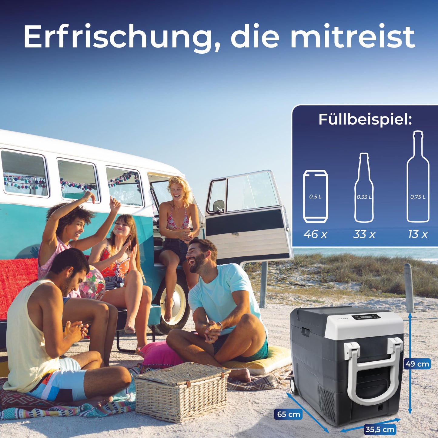KLAMER Kompressor Kühlbox 45 L – Elektrische Kühl- & Warmhaltebox mit 12 V/230 V, bis -18 °C, mit Rollen, XXL Auto-Kühlbox in Grau