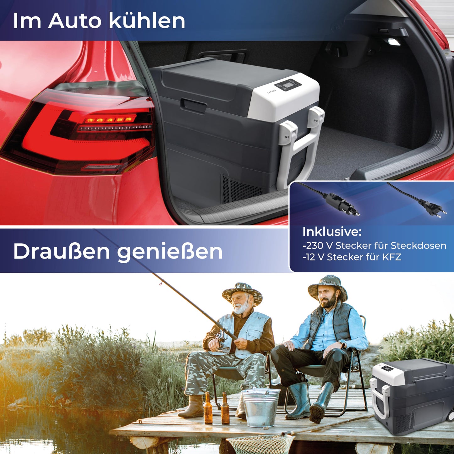 KLAMER Kompressor Kühlbox 45 L – Elektrische Kühl- & Warmhaltebox mit 12 V/230 V, bis -18 °C, mit Rollen, XXL Auto-Kühlbox in Grau