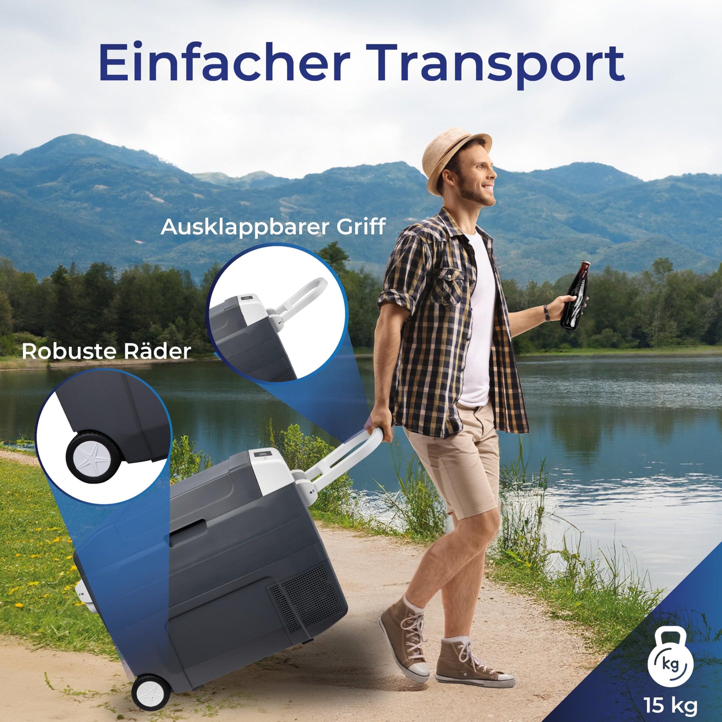 KLAMER Kompressor Kühlbox 45 L – Elektrische Kühl- & Warmhaltebox mit 12 V/230 V, bis -18 °C, mit Rollen, XXL Auto-Kühlbox in Grau