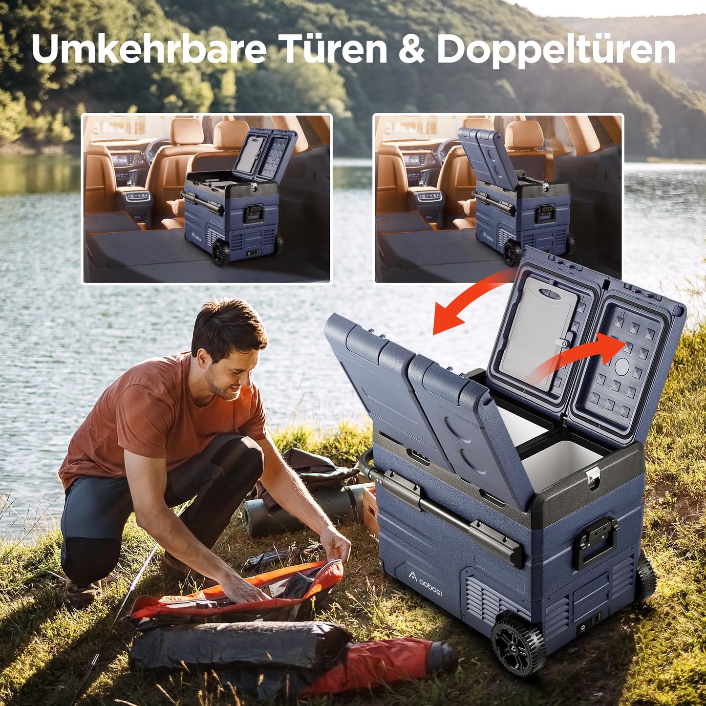 AAOBOSI Kompressor Kühlbox 45 L – Dual Zone, mit App-Steuerung, USB-Ladefunktion, LED, 12/24 V & 100–240 V, mit Rollen für Auto & Campin