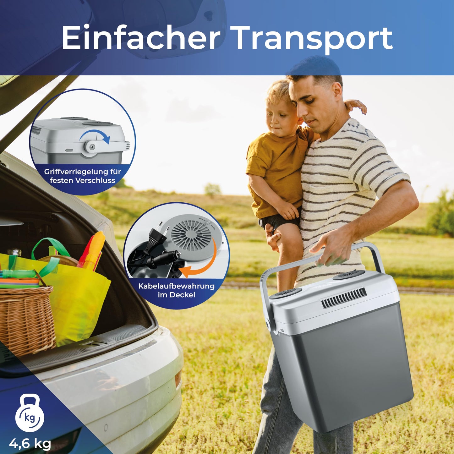 KLAMER elektrische Kühlbox 25 L – Mit Kühl- & Warmhaltefunktion, 12 V/230 V Anschlüsse, tragbare Auto-Kühlbox für Camping, Garten & Ausflüge, grau