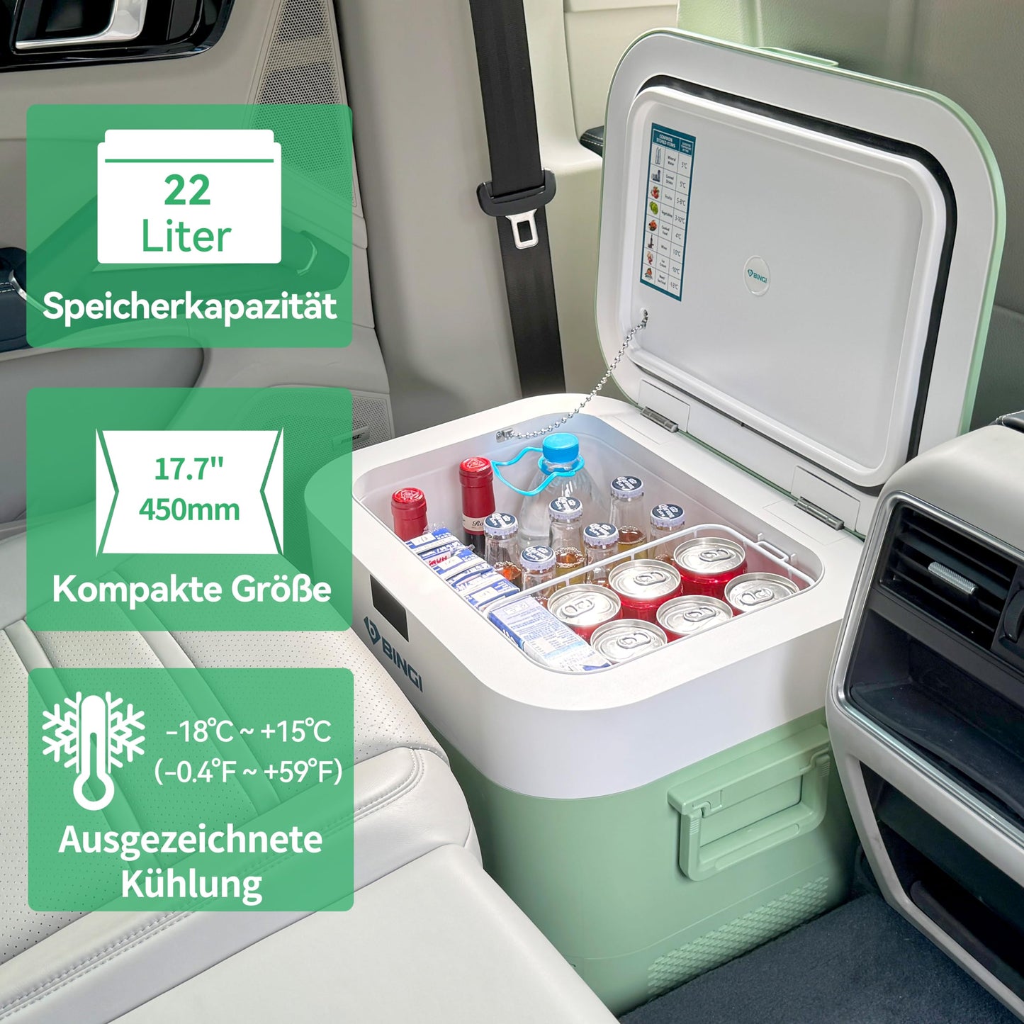 BINGI Kompressor Kühlbox 22 L – Tragbarer Auto-Kühlschrank 12/24 V & 230 V, Mini-Gefrierschrank -18 °C bis 15 °C für Auto, Camping & Zuhause