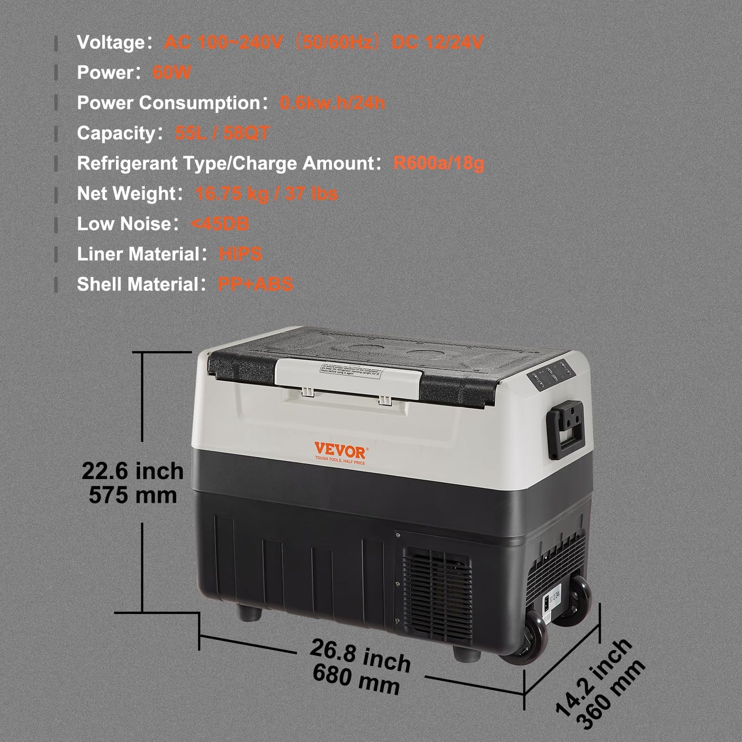 VEVOR Kompressor Kühlbox 55 L – Tragbar mit Griff & Rollen, Dual-Zone, -20 °C bis 10 °C, 12/24 V & 230 V, für Auto, LKW, Boot & Camping