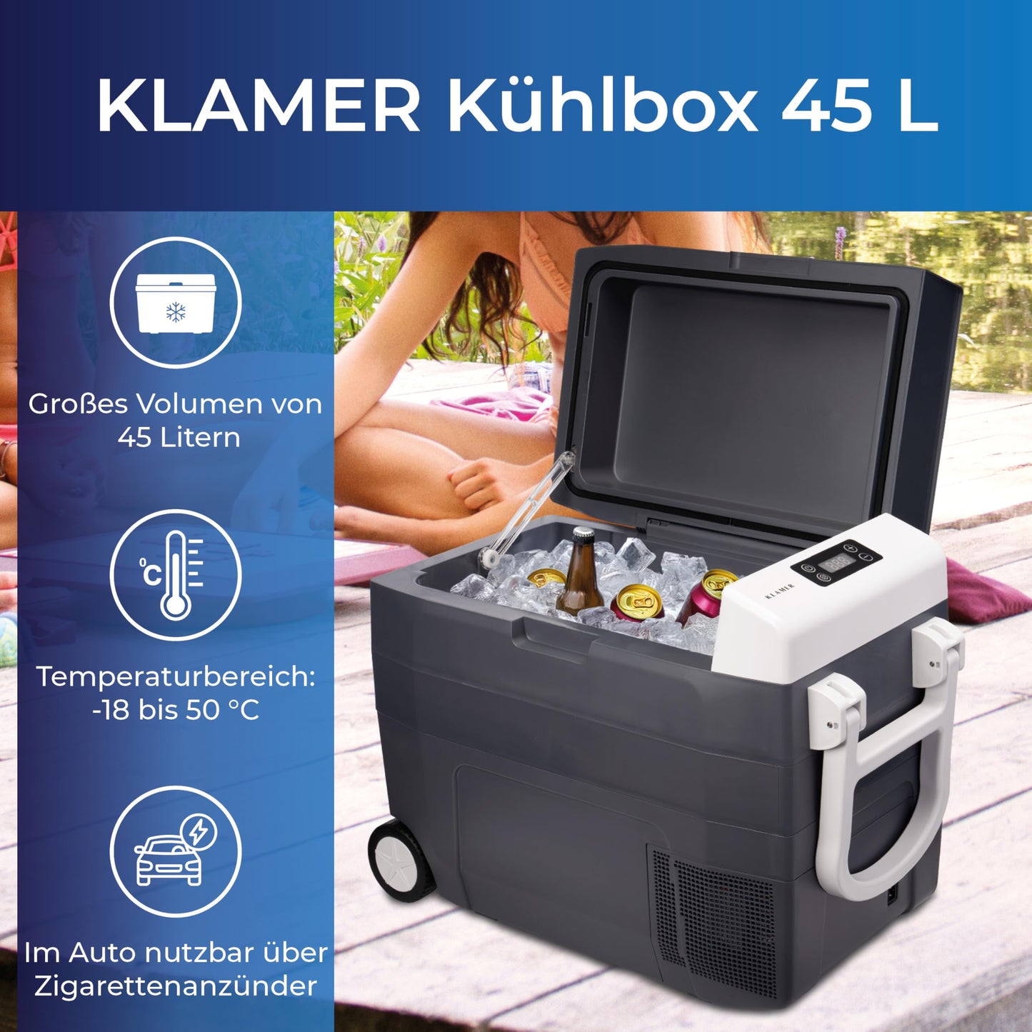 KLAMER Kompressor Kühlbox 45 L – Elektrische Kühl- & Warmhaltebox mit 12 V/230 V, bis -18 °C, mit Rollen, XXL Auto-Kühlbox in Grau