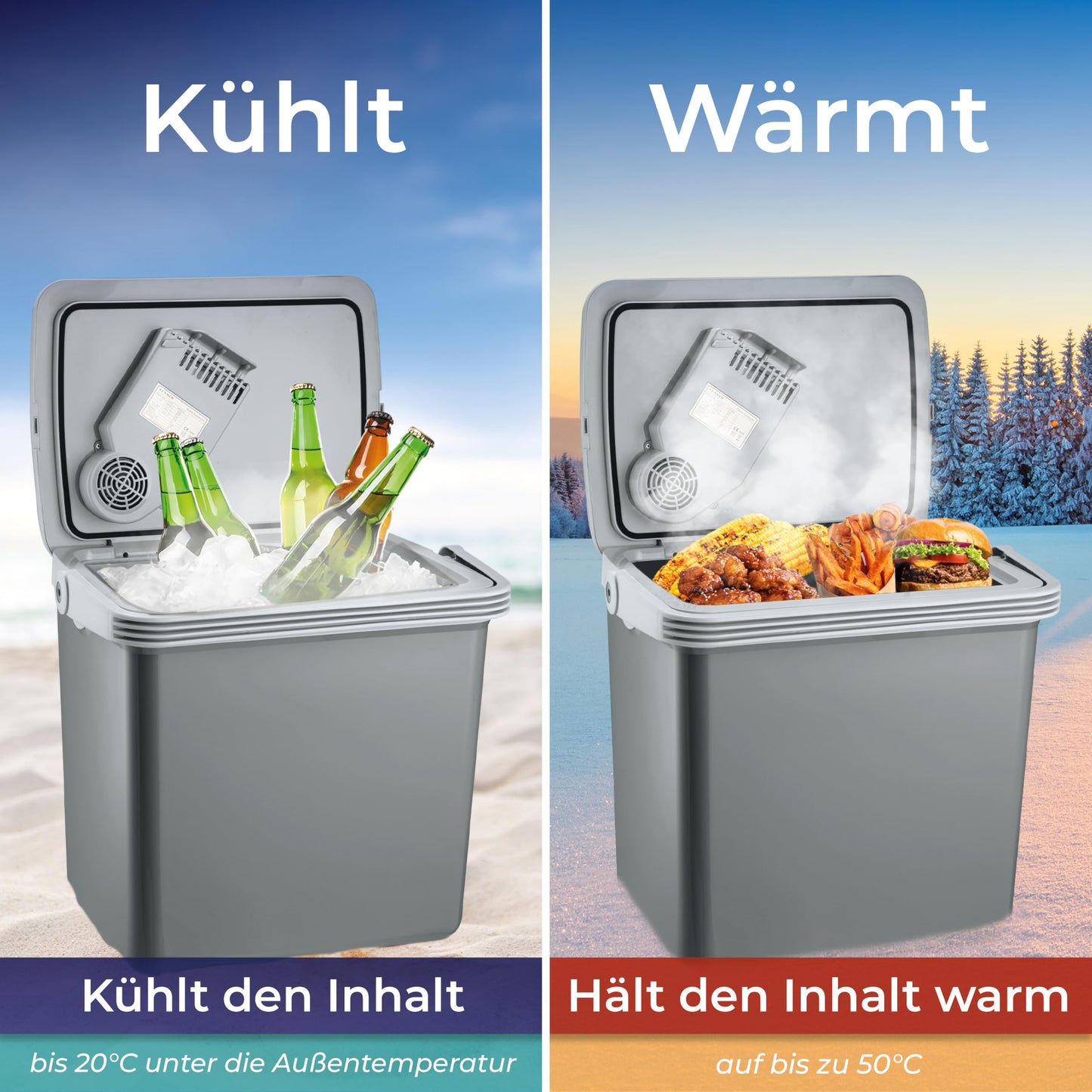 KLAMER elektrische Kühlbox 25 L – Mit Kühl- & Warmhaltefunktion, 12 V/230 V Anschlüsse, tragbare Auto-Kühlbox für Camping, Garten & Ausflüge, grau