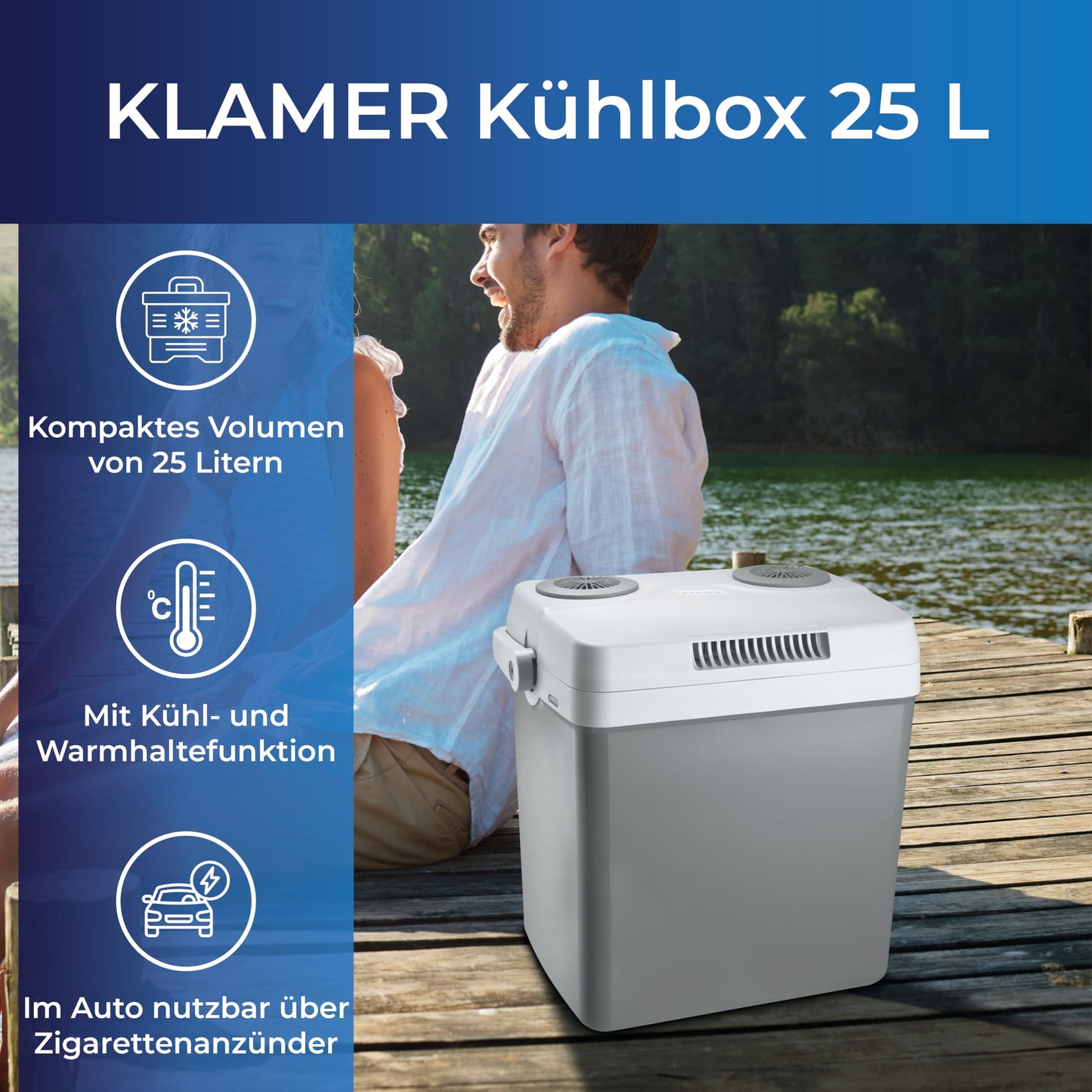 KLAMER elektrische Kühlbox 25 L – Mit Kühl- & Warmhaltefunktion, 12 V/230 V Anschlüsse, tragbare Auto-Kühlbox für Camping, Garten & Ausflüge, grau