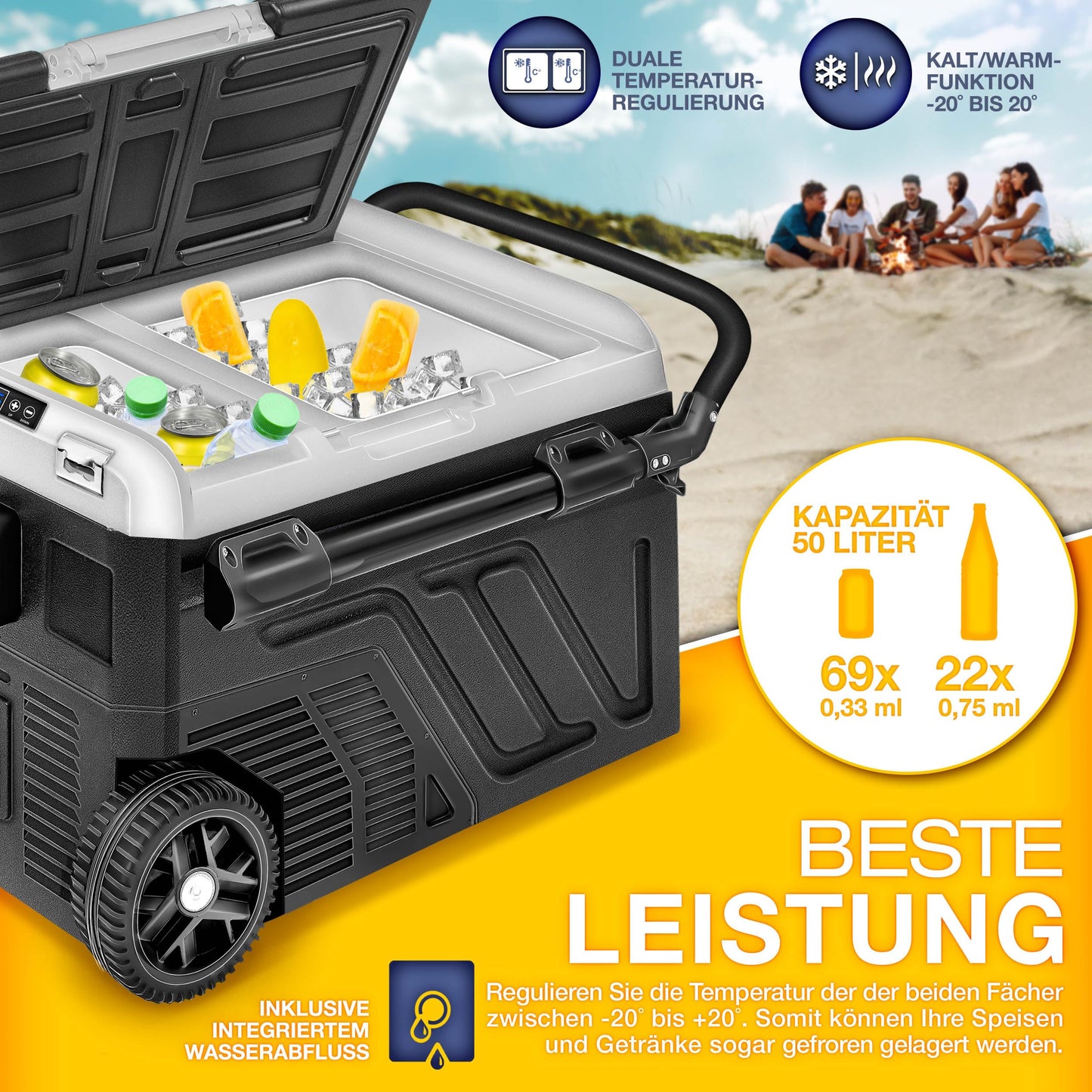 tillvex® Kompressor Kühlbox 50 L – Elektrische Gefrierbox mit WiFi-App, 12/24 V & 230 V, bis -20 °C, tragbarer Kühlschrank für Auto & Camping, schwarz