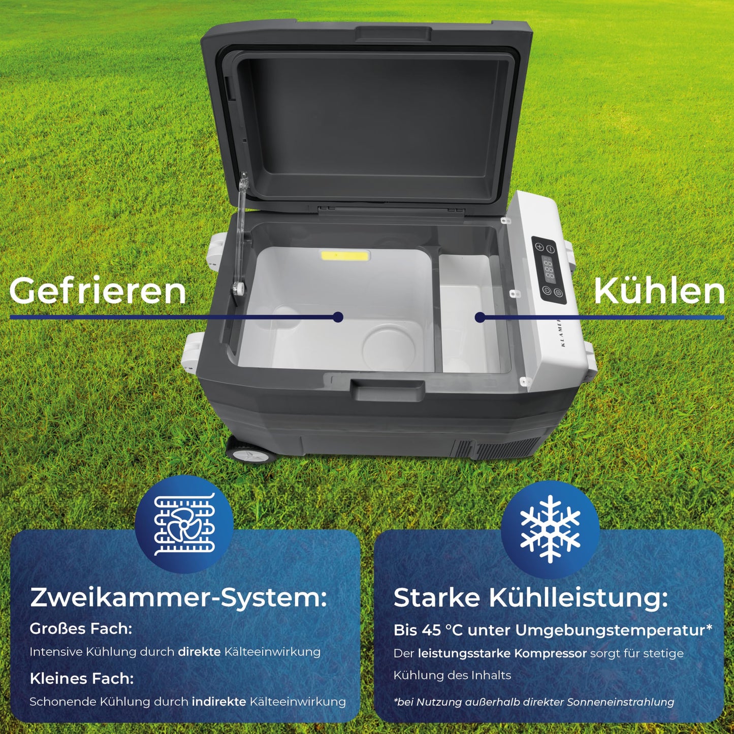 KLAMER Kompressor Kühlbox 45 L – Elektrische Kühl- & Warmhaltebox mit 12 V/230 V, bis -18 °C, mit Rollen, XXL Auto-Kühlbox in Grau