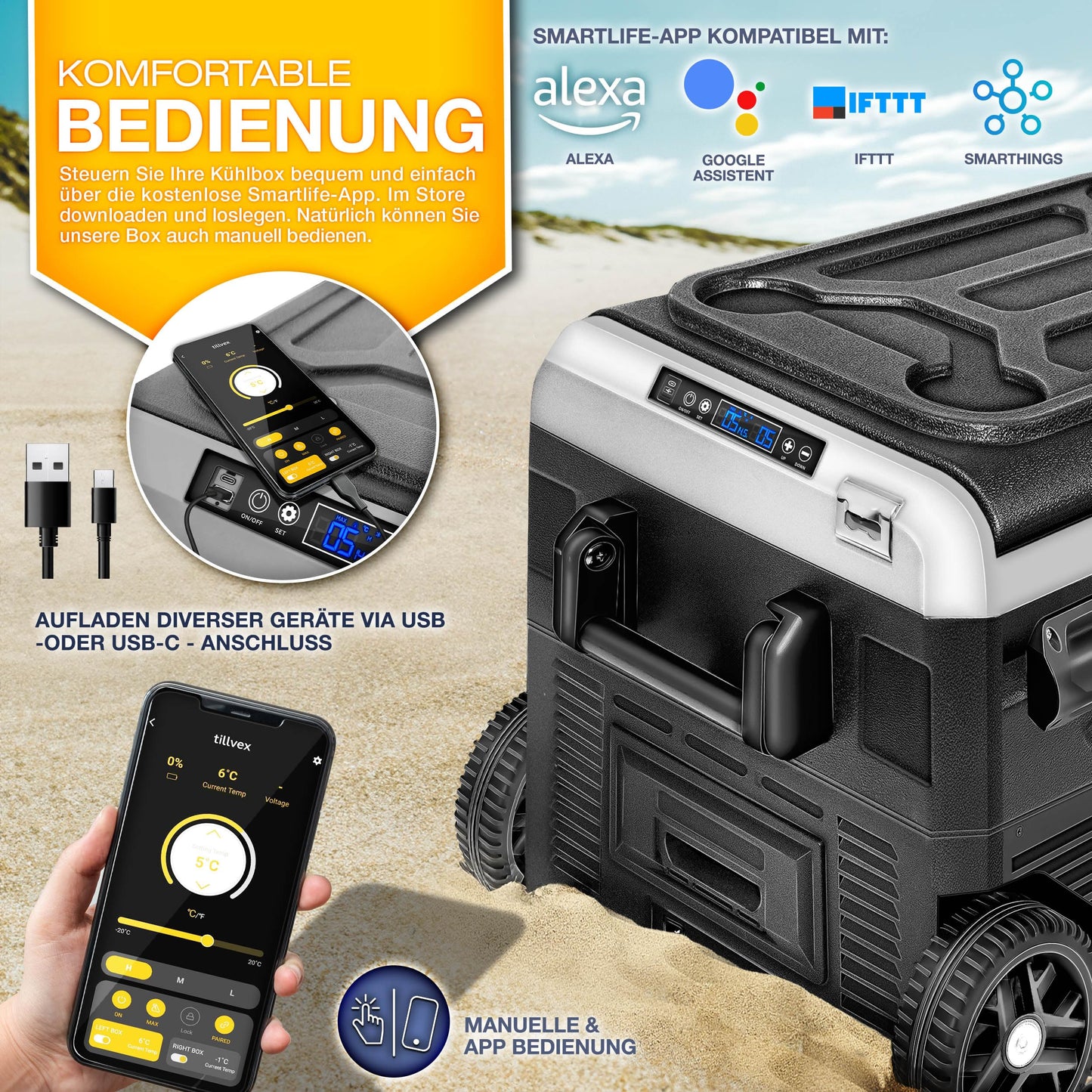 tillvex® Kompressor Kühlbox 50 L – Elektrische Gefrierbox mit WiFi-App, 12/24 V & 230 V, bis -20 °C, tragbarer Kühlschrank für Auto & Camping, schwarz