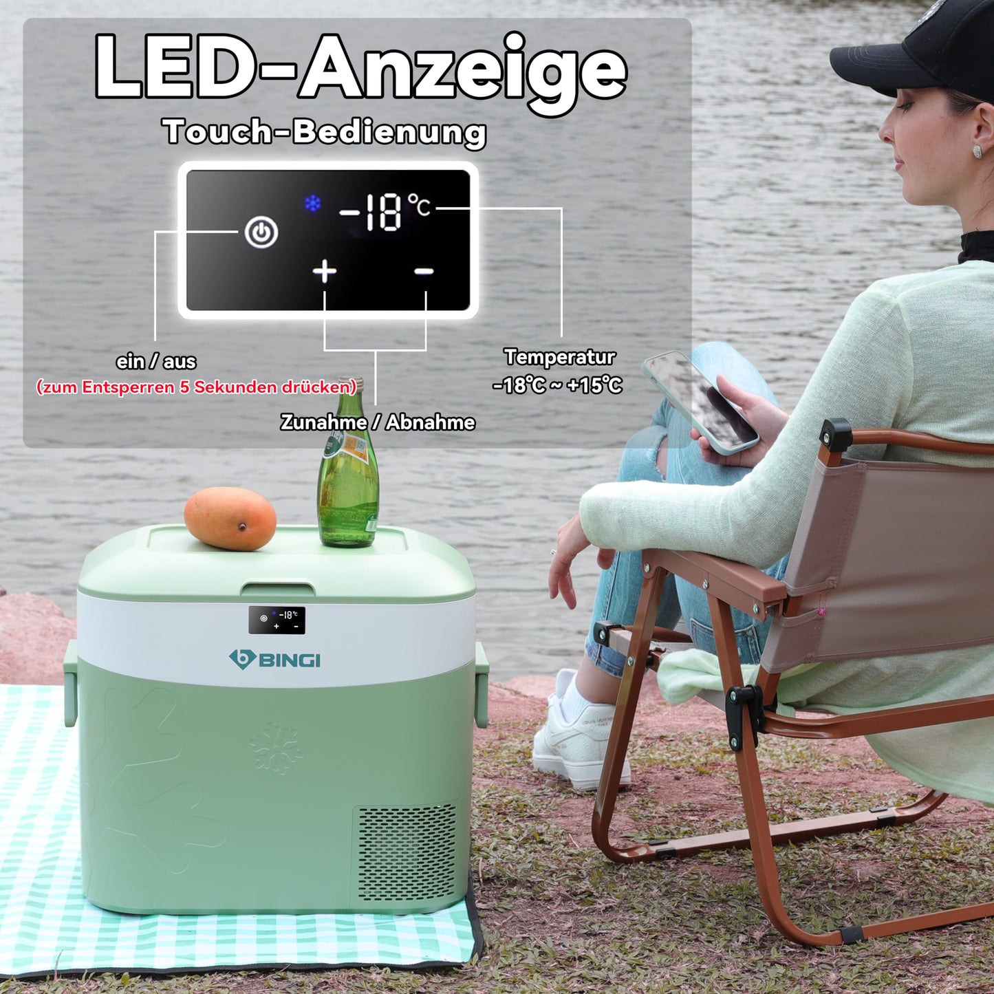 BINGI Kompressor Kühlbox 22 L – Tragbarer Auto-Kühlschrank 12/24 V & 230 V, Mini-Gefrierschrank -18 °C bis 15 °C für Auto, Camping & Zuhause