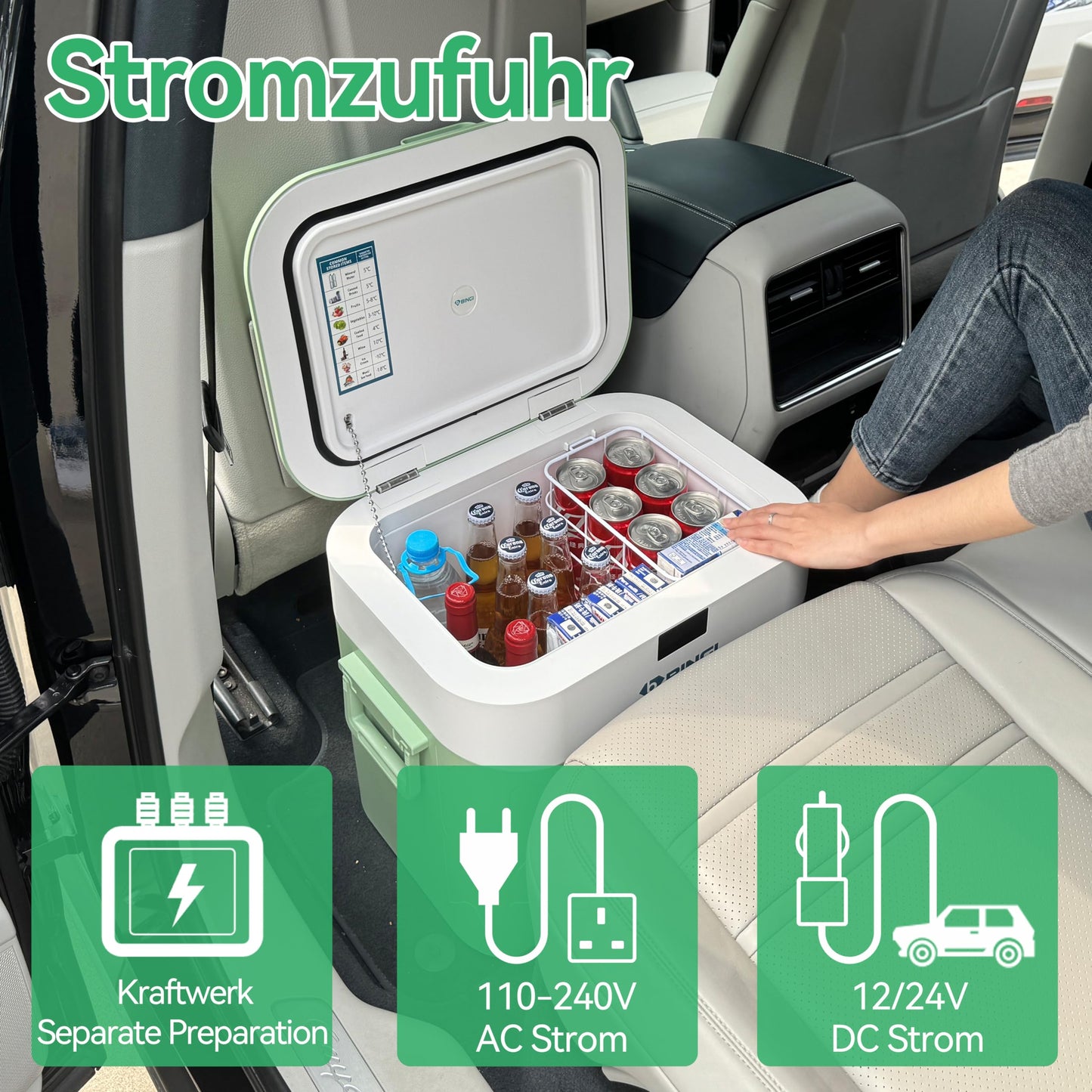 BINGI Kompressor Kühlbox 22 L – Tragbarer Auto-Kühlschrank 12/24 V & 230 V, Mini-Gefrierschrank -18 °C bis 15 °C für Auto, Camping & Zuhause