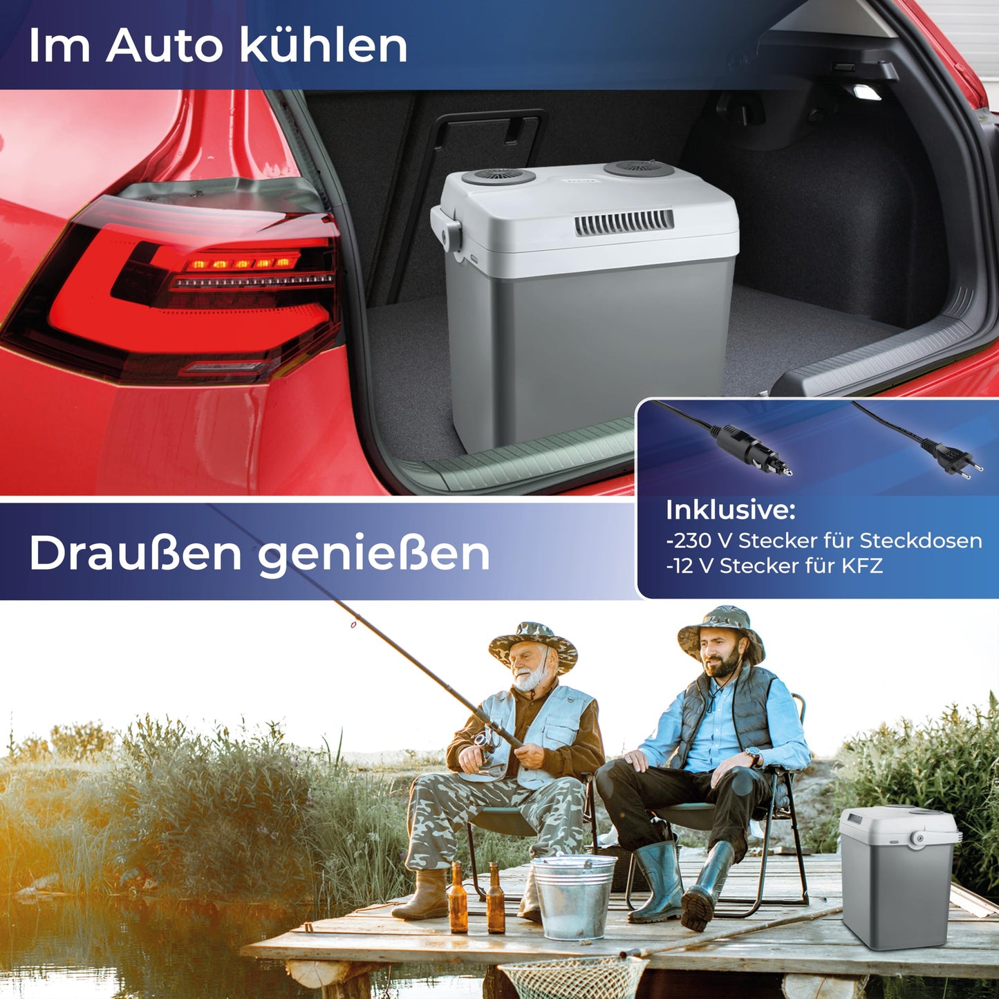 KLAMER elektrische Kühlbox 25 L – Mit Kühl- & Warmhaltefunktion, 12 V/230 V Anschlüsse, tragbare Auto-Kühlbox für Camping, Garten & Ausflüge, grau