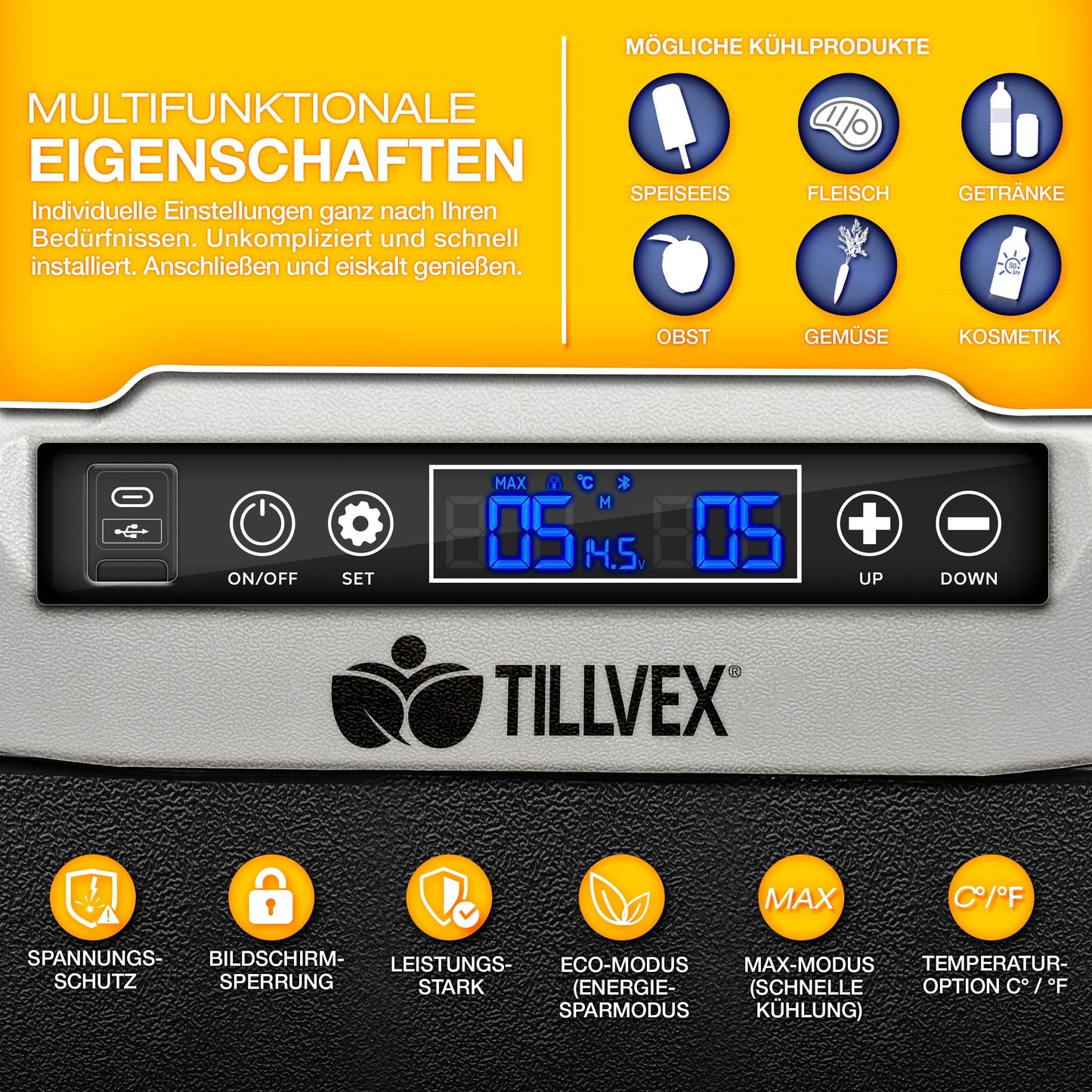 tillvex® Kompressor Kühlbox 50 L – Elektrische Gefrierbox mit WiFi-App, 12/24 V & 230 V, bis -20 °C, tragbarer Kühlschrank für Auto & Camping, schwarz
