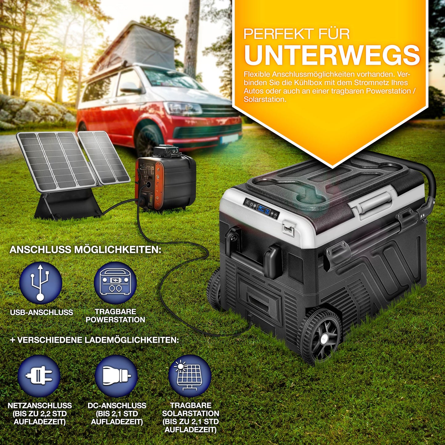 tillvex® Kompressor Kühlbox 50 L – Elektrische Gefrierbox mit WiFi-App, 12/24 V & 230 V, bis -20 °C, tragbarer Kühlschrank für Auto & Camping, schwarz