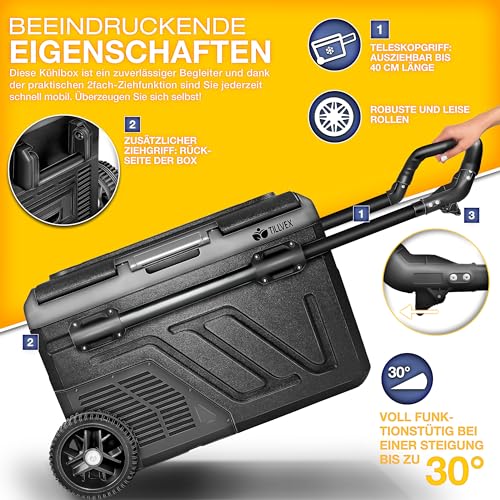 tillvex® Kompressor Kühlbox 50 L – Elektrische Gefrierbox mit WiFi-App, 12/24 V & 230 V, bis -20 °C, tragbarer Kühlschrank für Auto & Camping, schwarz