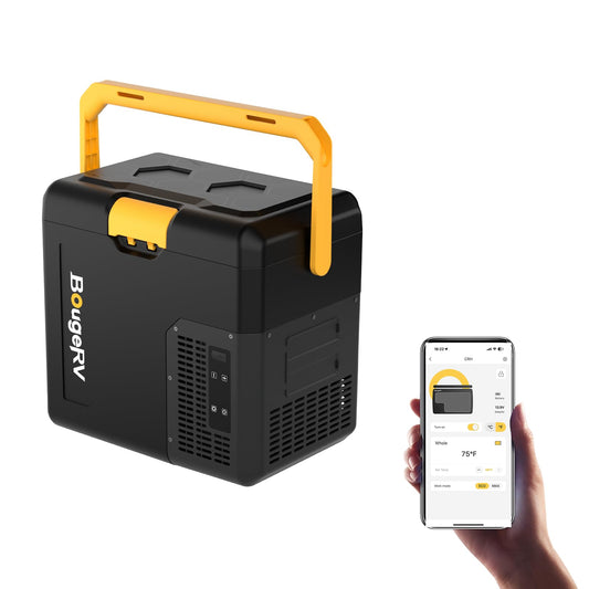 BougeRV CRH Kompressor Kühlbox 18 L – Tragbar mit Griff & App-Steuerung, 12/24 V & 230 V, mit Akkufach, -20 °C bis 20 °C für Auto & Camping