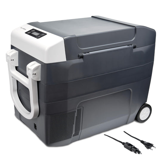 KLAMER Kompressor Kühlbox 45 L – Elektrische Kühl- & Warmhaltebox mit 12 V/230 V, bis -18 °C, mit Rollen, XXL Auto-Kühlbox in Grau