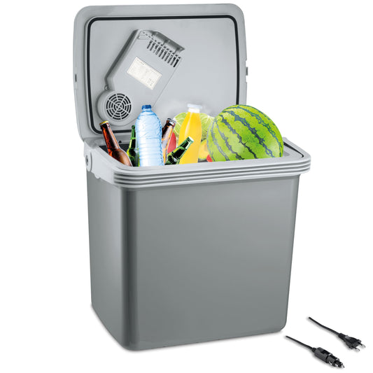 KLAMER elektrische Kühlbox 25 L – Mit Kühl- & Warmhaltefunktion, 12 V/230 V Anschlüsse, tragbare Auto-Kühlbox für Camping, Garten & Ausflüge, grau