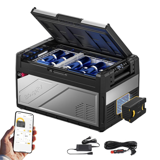BougeRV Rocky2 Kompressor Kühlbox 39 L – Mit 173Wh Akku, Dual Zone, 12/24 V & 230 V, Solaraufladung, bis -20 °C, für Auto, Camping & Reisen