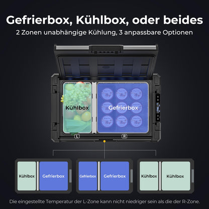 BougeRV Rocky2 Kompressor Kühlbox 39 L – Mit 173Wh Akku, Dual Zone, 12/24 V & 230 V, Solaraufladung, bis -20 °C, für Auto, Camping & Reisen