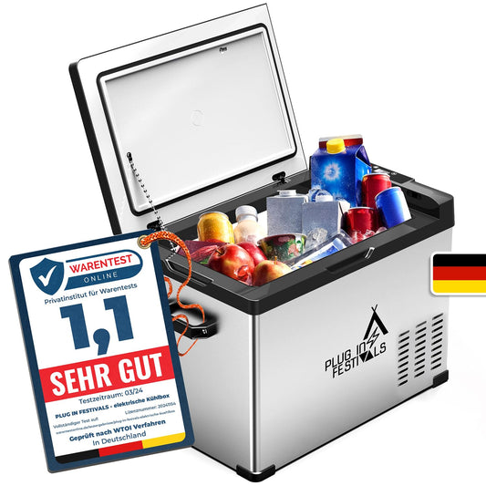 PLUG IN FESTIVALS Kompressor Kühlbox 40 L – Elektrische Gefrierbox bis -20 °C, 12 V/230 V, tragbarer Camping-Kühlschrank & Auto-Kühlbox