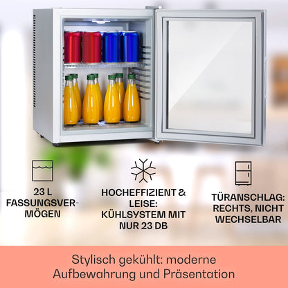 Klarstein Mini-Kühlschrank 23 L – Leiser Getränkekühlschrank mit Glastür, verstellbaren Ablagen, 12–18 °C, ideal für Snacks & Kosmetik